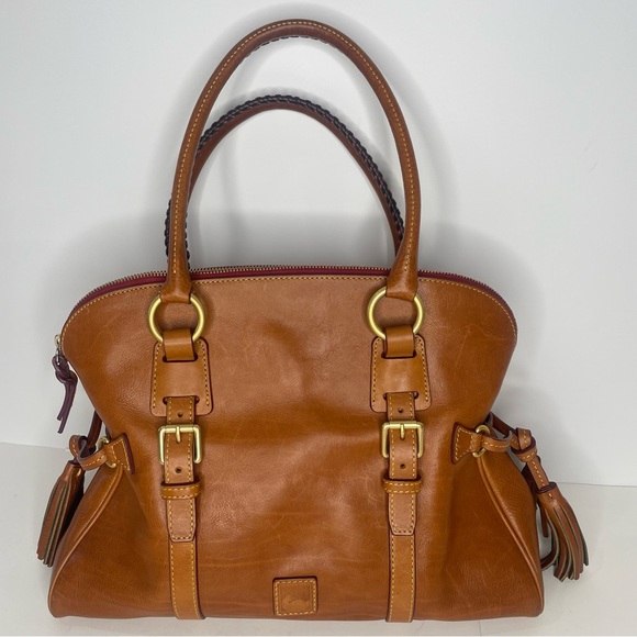Dooney & Bourke Florentine Purse Brown Leather Domed Buckle Satchel Tassels - Picture 1 of 9